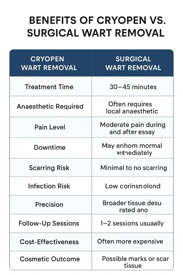 Table showing the benefits of cryopen to remove warts Oxfordshire compared to surgical treatment